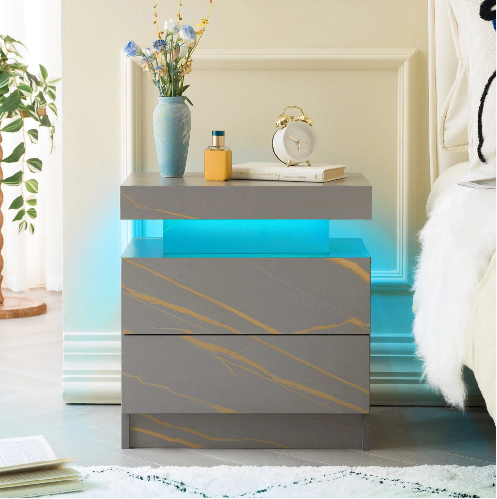 Comodino moderno con illuminazione LED regolabile, 2 cassetti, grigio e oro