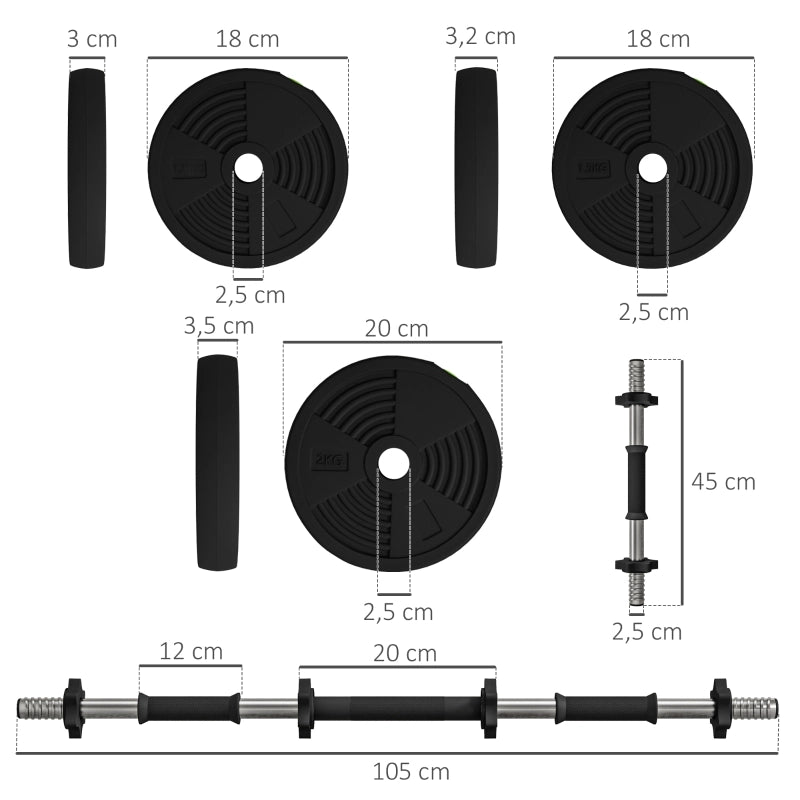 Set di manubri 2 in 1, bilanciere e manubrio, 20 kg, antiscivolo, adatto a pavimenti, nero/verde