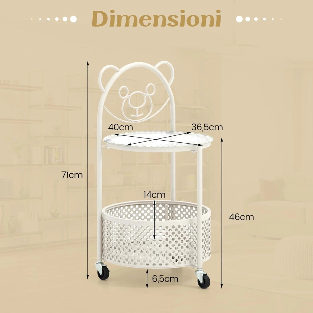 Tavolino da Caffè in Vetro, Tavolino Laterale a 2 Piani con Ruote, Motivo ad Orso, Cestino e Struttura in Metallo, Tavolino per Soggiorno, Camera da Letto e Studio (Bianco)