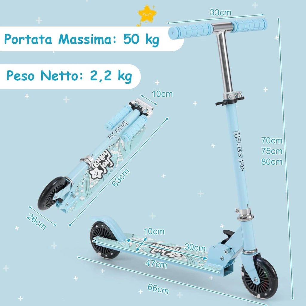 Monopattino Bambini, Monopattino Bambino e Bambina +3 Anni Pieghevole con 2 Ruote Lampeggianti, Manubrio Regolabile e Freno (Azzurro)