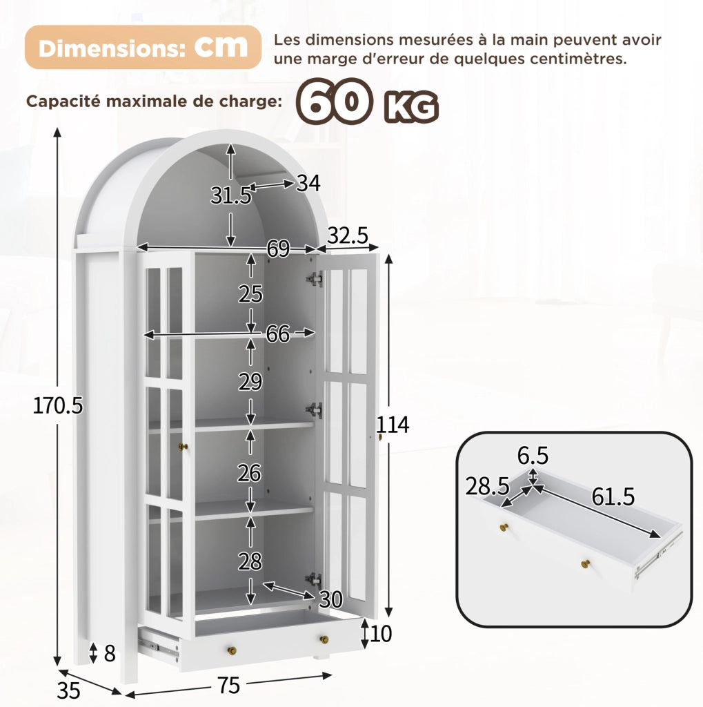 Vetrina alta ad arco 75x35x170;5 cm in MDF bianco con ante in acrilico trasparente e cassetto