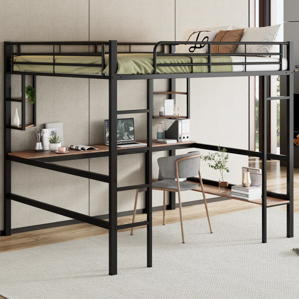 Letto a soppalco 140x200 cm con scrivania; libreria e scaffali; metallo nero