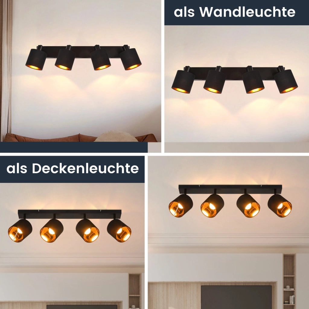 ZMH Faretto da soffitto neri retrò 4 luci E14 rotativi 350° paralume tessuto max 25W per camere senza lampadina