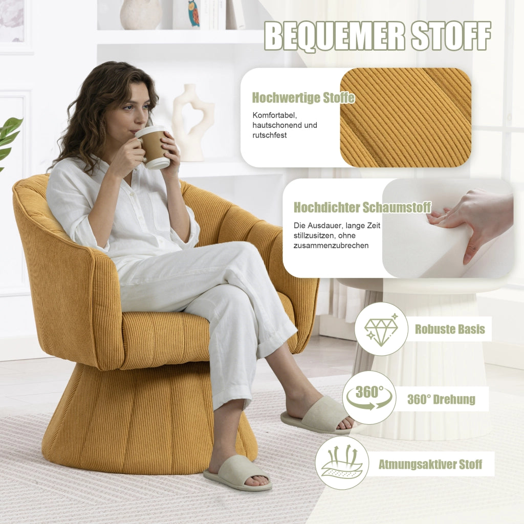 Sedia girevole 360° con seduta imbottita e braccioli avvolgenti in velluto a coste giallo senape 70 × 66 × 72 cm