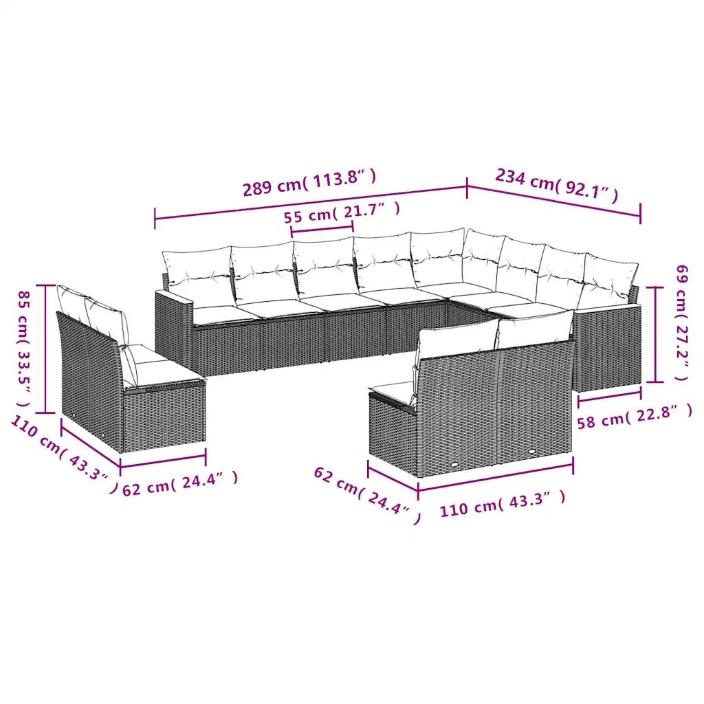Set Divani da Giardino 12 pz con Cuscini Grigio in Polyrattan 3226474