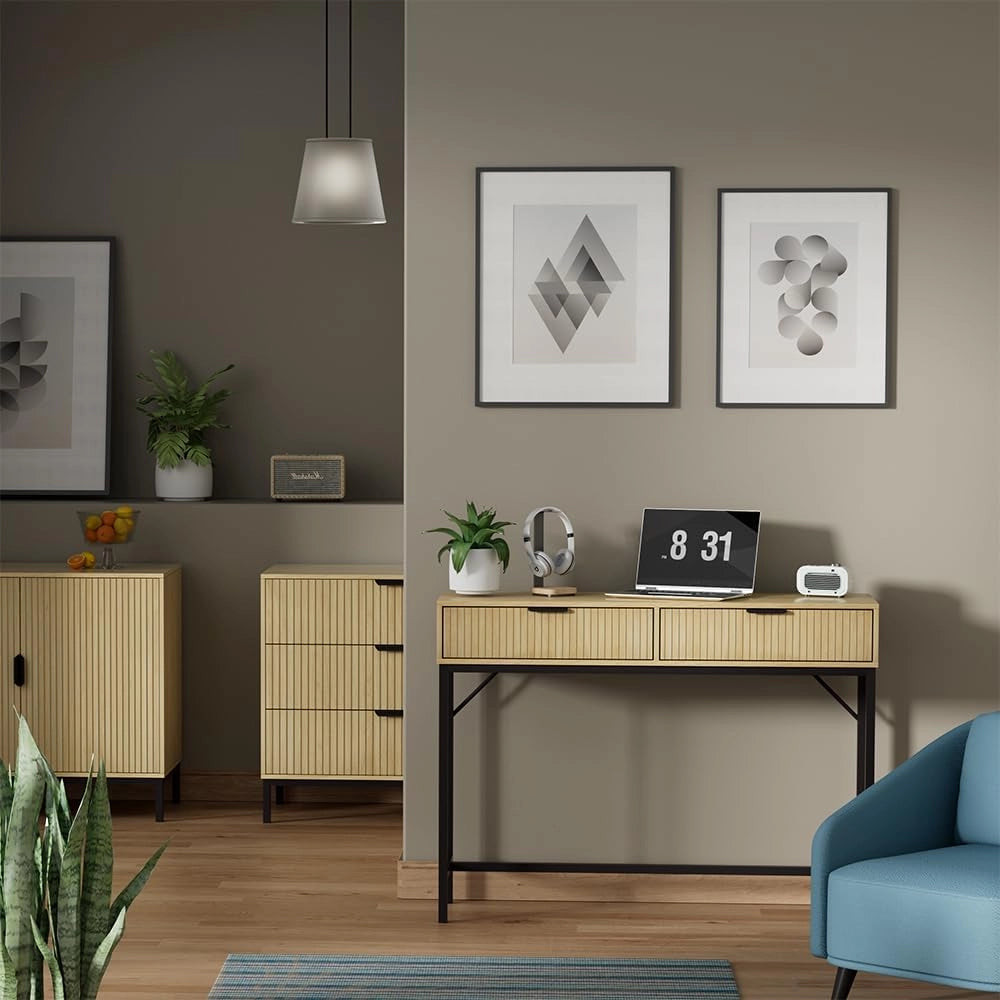 Scrivania Lennox, Rovere, 100 x 30 cm con 2 cassetti, adatto all'uso come postazione di lavoro o come consolle
