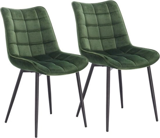 Sedie da pranzo - 2 pezzi - Set di 2 - Zampe nere - Rivestimento di velluto - Sedie - Sedile da pranzo - Verde scuro