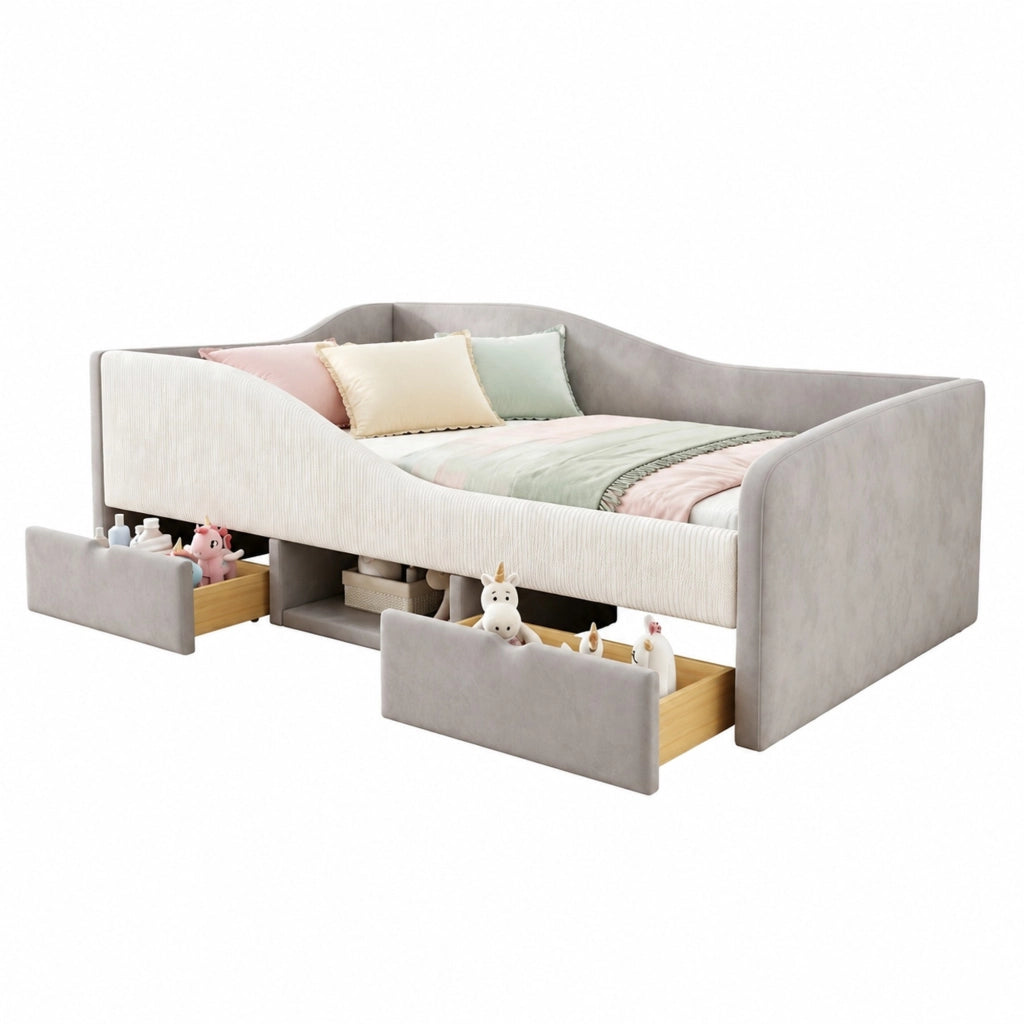 Letto imbottito per bambini 90x190 cm con protezioni laterali; 2 cassetti e vano portaoggetti; grigio