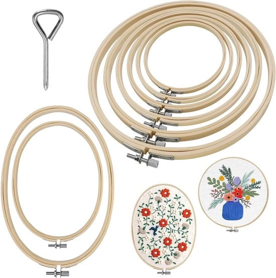 Borduurringhester per Ronde e Ovale - Adatto per Artigianato - 8 Pezzi - Bambù - Misure da 8 cm a 26 cm