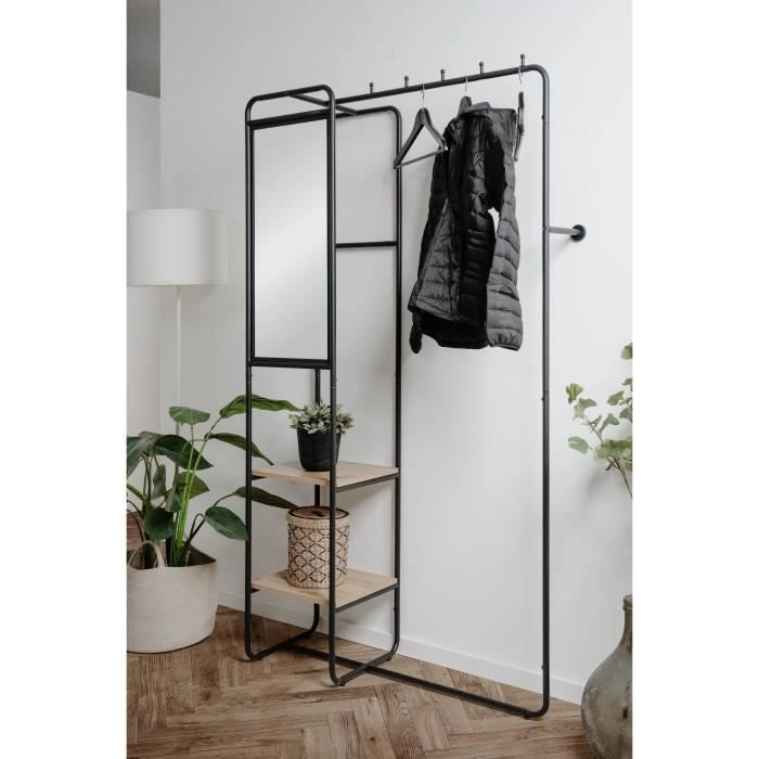Mobile ingresso - LUTON - Struttura in metallo - Nero / Rovere artigianale - 100 x 185 x 37 cm - 2 ripiani - 1 specchio