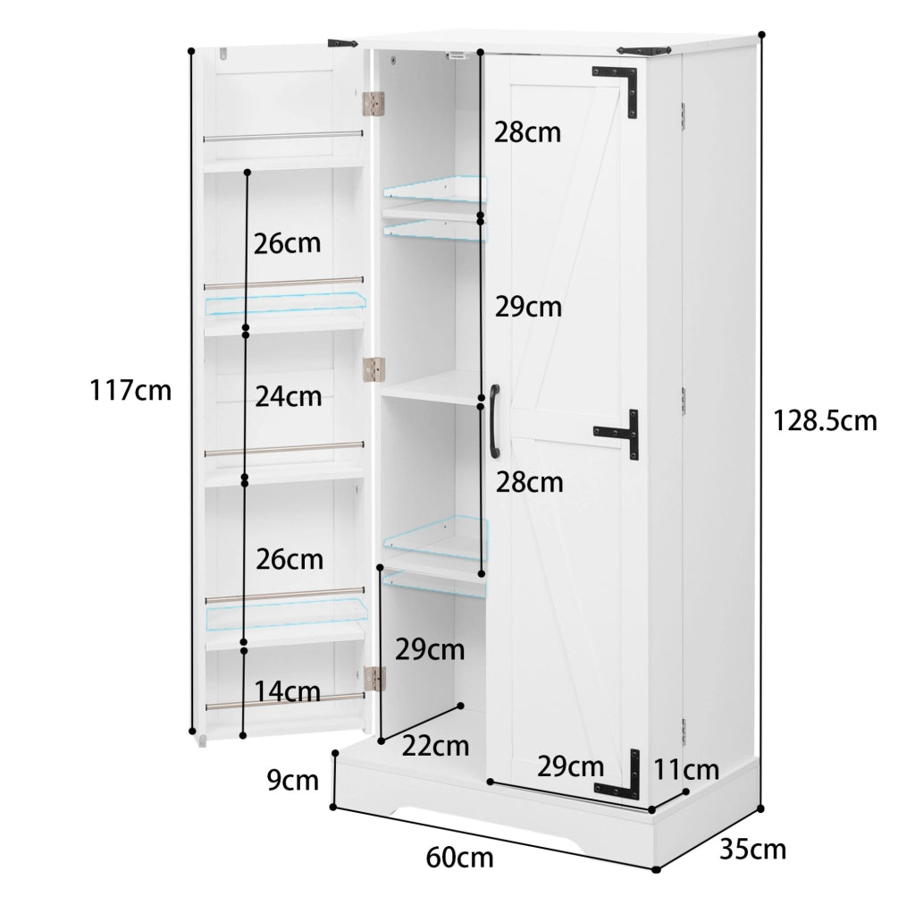 Credenza da cucina in stile country 60x35x128;5 cm in MDF bianco con LED e ripiani regolabili