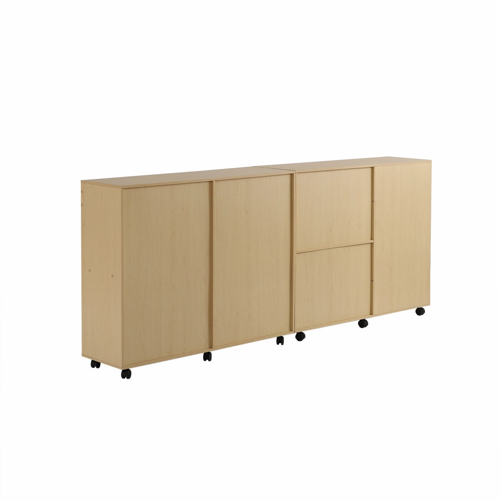 Mobile contenitore modulare con ripiani aperti e rotelle per soggiorno, camera e ufficio in MDF bianco e rovere chiaro