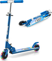 Monopattino Bambini, Monopattino Bambino e Bambina +3 Anni Pieghevole con 2 Ruote Lampeggianti, Manubrio Regolabile e Freno (Blu)