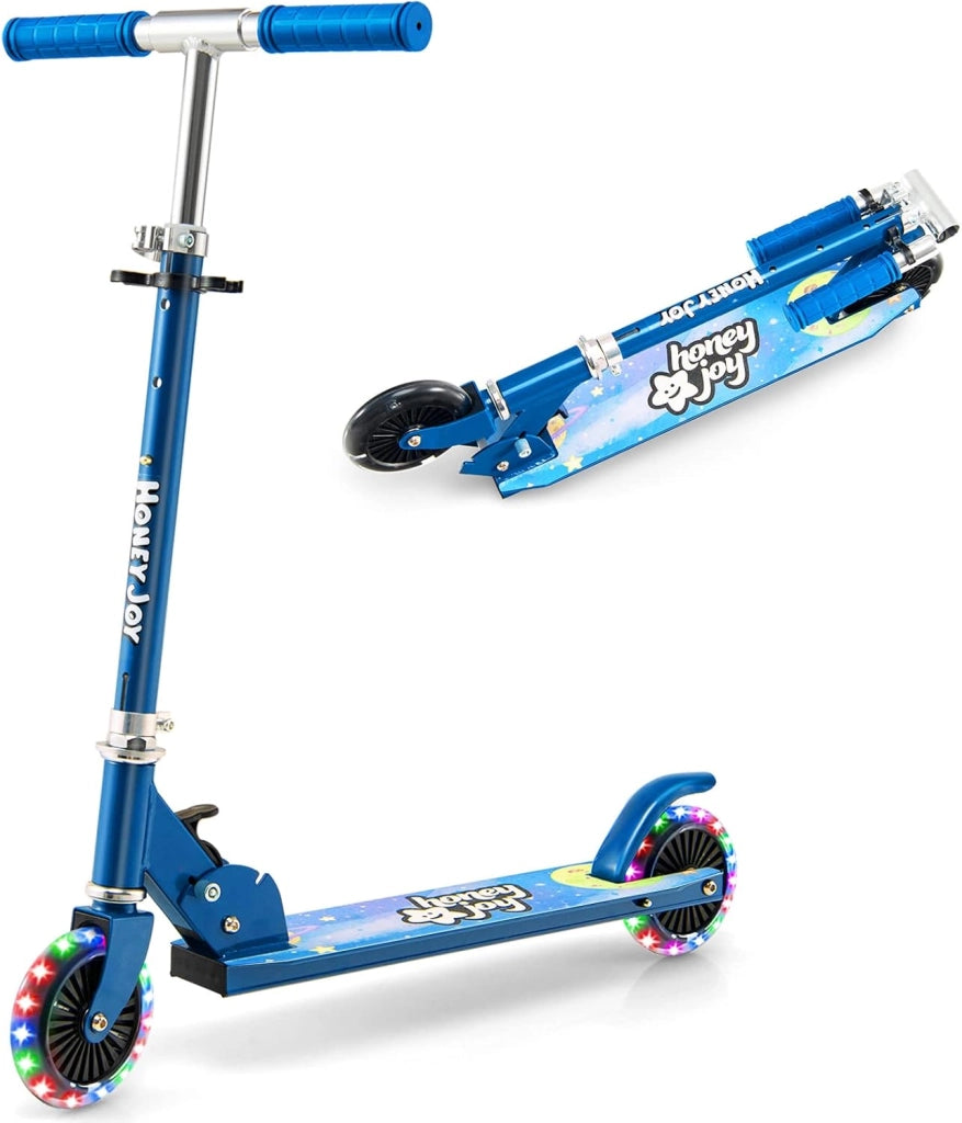 Monopattino Bambini, Monopattino Bambino e Bambina +3 Anni Pieghevole con 2 Ruote Lampeggianti, Manubrio Regolabile e Freno (Blu)