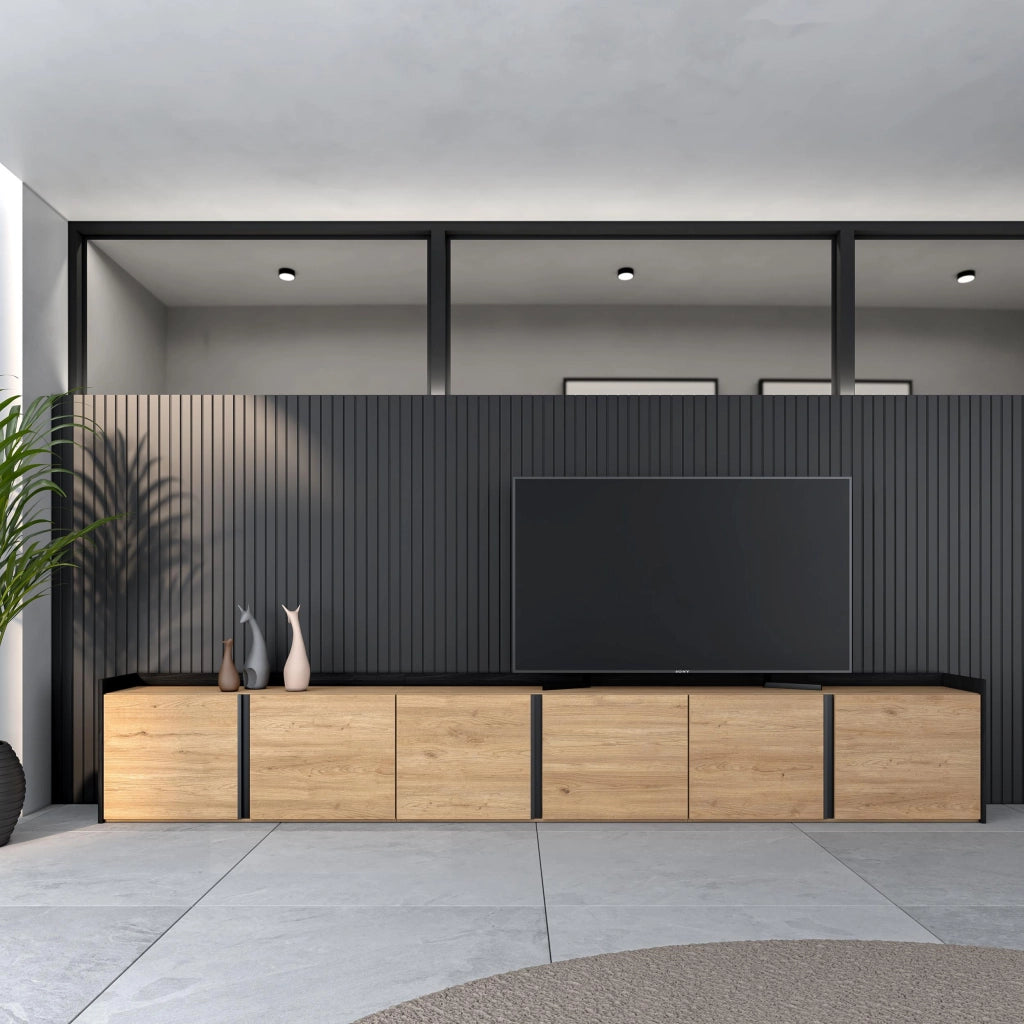 Mobile TV Soggiorno, 309x50x35 cm, Per TV fino a 80", Mobile Soggiorno, Rovere e nero