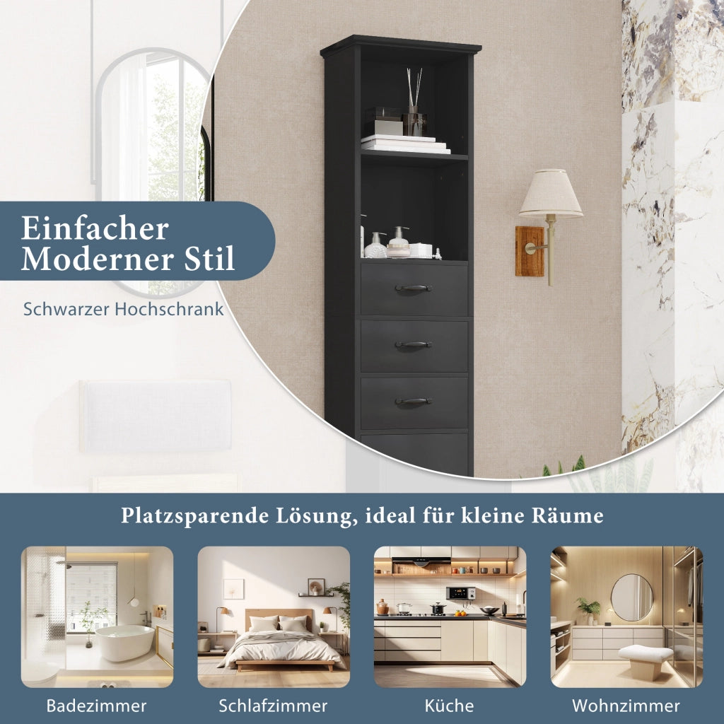 Mobile da bagno con 1 anta; 3 cassetti e ripiani regolabili - per bagno - 38×26×172.5 cm - nero