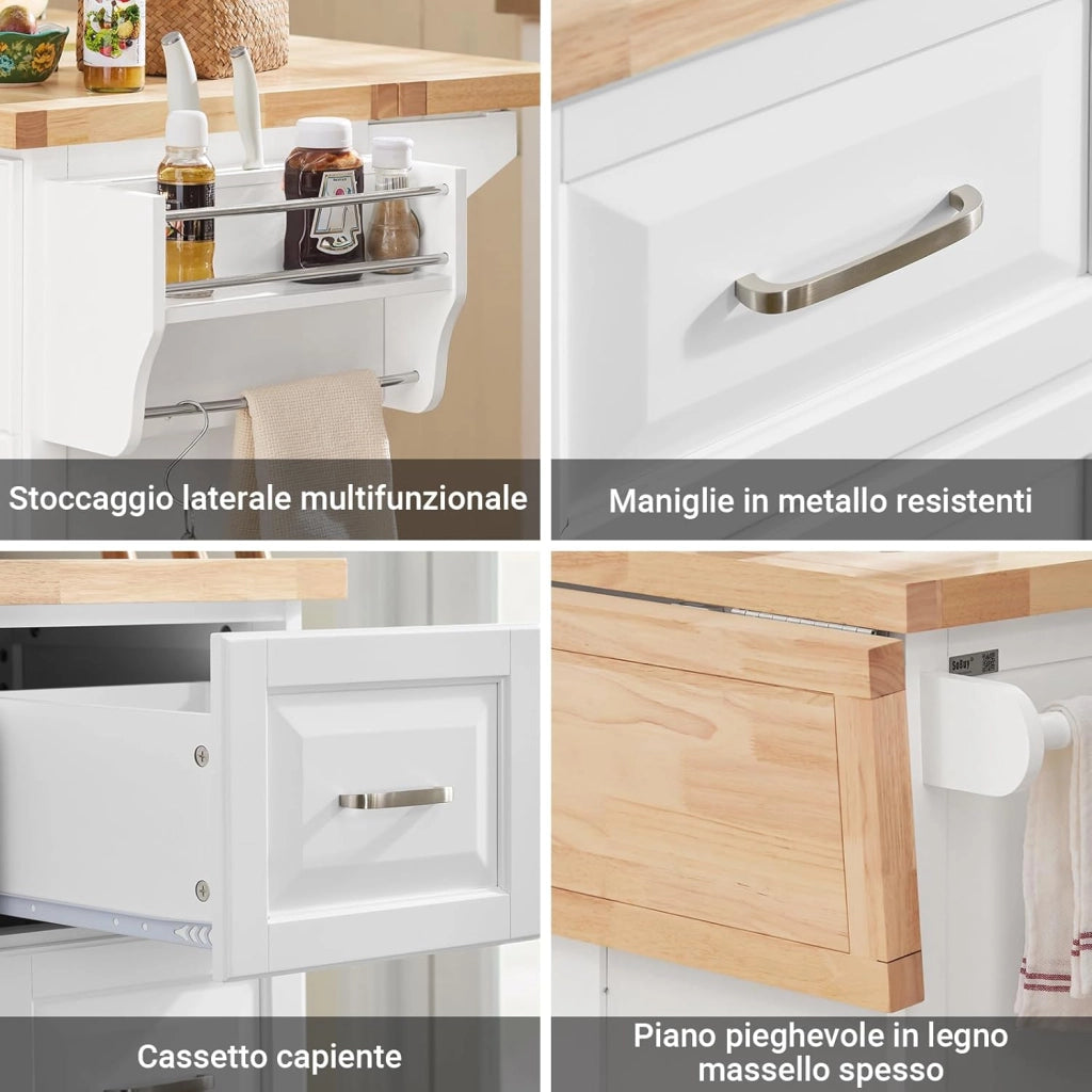 isola cucina con piano di lavoro in legno massello allungabile carrello da cucina con ruote mobile cucina con 3 cassetti Bianco 130x91x(46-71) cm FKW41-II-WN