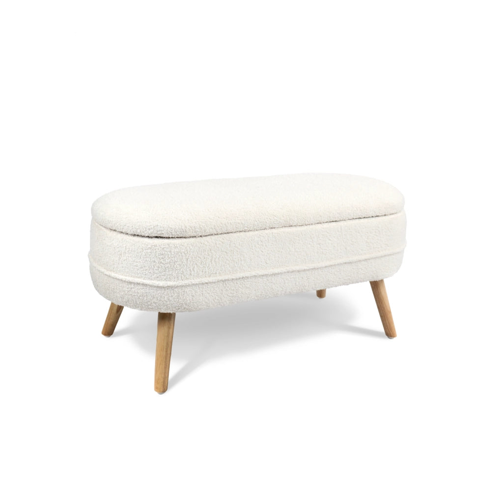 Panca contenitore Hispanohogar tessuto bouclé bianco e gambe legno 48x101x41cm