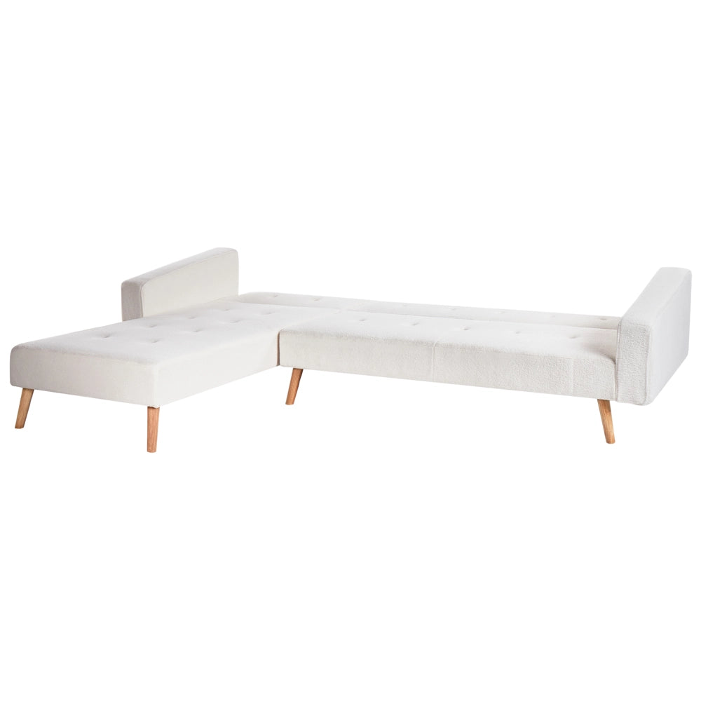Divano letto ad angolo lato destro con bottoni in bouclè bianco sporco a 4 posti stile elegante