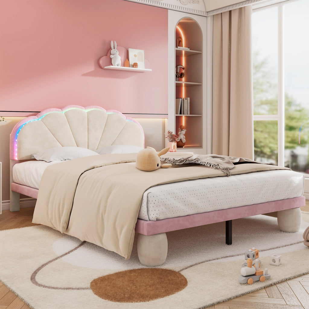 DESMIU Letto per Bambini Matrimoniale 140 × 200 cm con LED Multicolore e Testiera Imbottita, senza Materasso