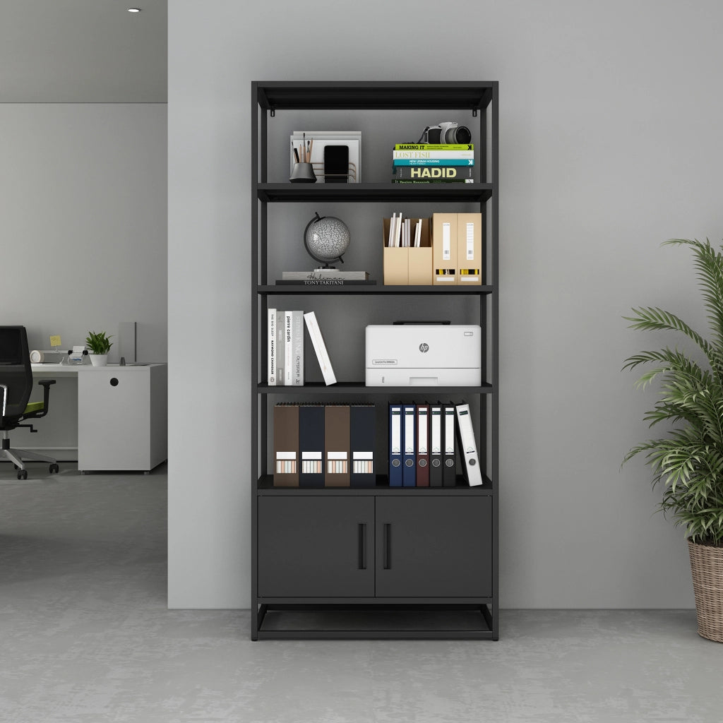 Libreria Hailuoto Scaffale in Acciaio con Ripiani Aperti e Armadietto 180x80x40 cm Nero opaco [en.casa]