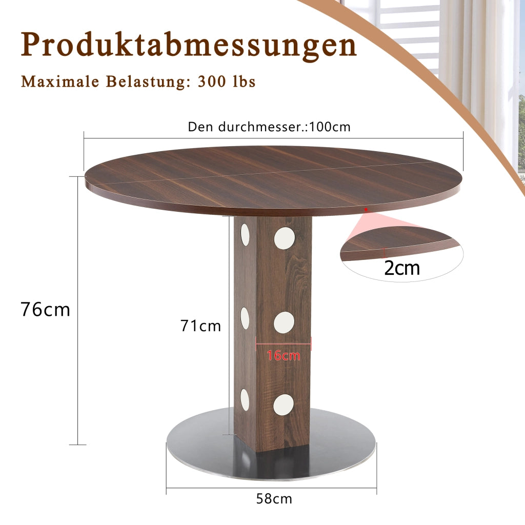 Tavolo da pranzo rotondo con piano effetto noce e base in metallo, per cucina e soggiorno, diametro 100 cm, altezza 76 cm