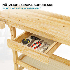 Banco da lavoro 145x49x86cm in legno (Rubberwood) ripiano e pinze di serraggio