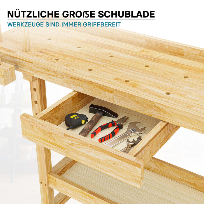 Banco da lavoro 145x49x86cm in legno (Rubberwood) ripiano e pinze di serraggio