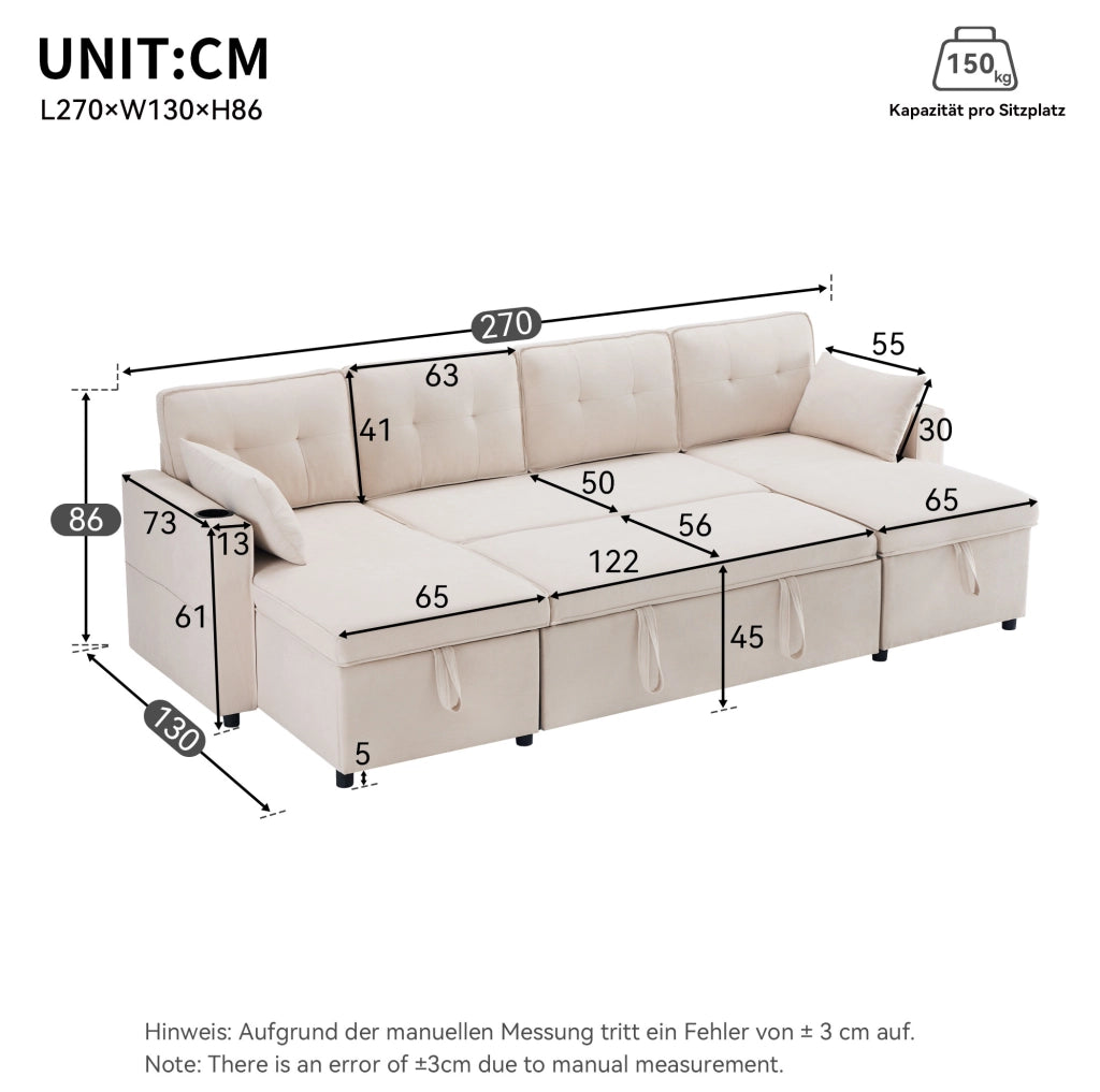 Divano letto a U 270 cm beige con contenitore e portabicchieri