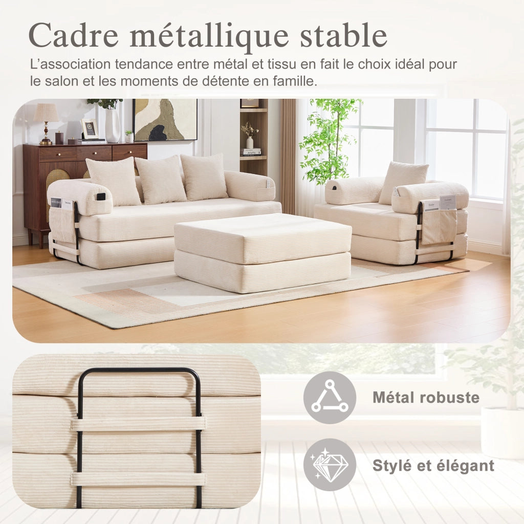 Divano modulare con pouf, tasca laterale e cuscini, struttura in metallo e tessuto a coste beige per soggiorno