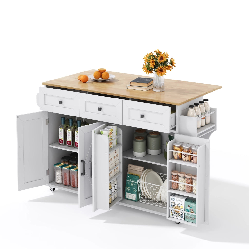 Carrello da Cucina con 4 Ante 3 Cassetti Piano Ribaltabile Portasciugamani e 5 Ruote con Freno; MDF; Bianco Naturale