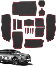 Matten Antislip per Peugeot e-3008 2024 2025, 16 pezzi di gomma per console centrale, ripiano, portabicchieri, vano portaoggetti, vano braccio, nero e rosso