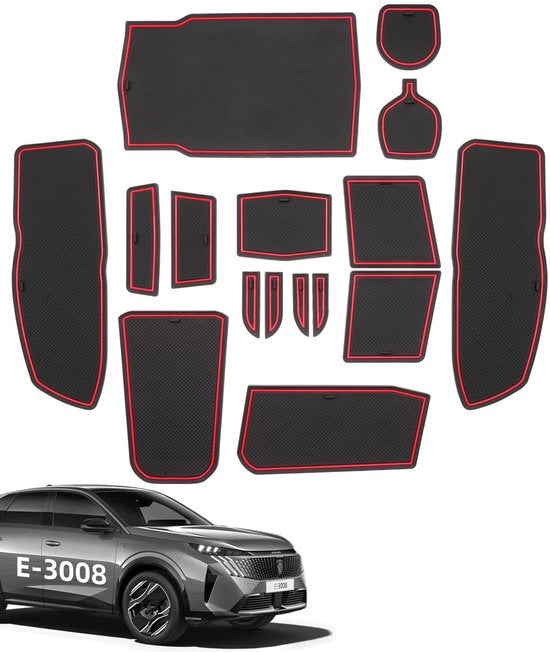 Matten Antislip per Peugeot e-3008 2024 2025, 16 pezzi di gomma per console centrale, ripiano, portabicchieri, vano portaoggetti, vano braccio, nero e rosso