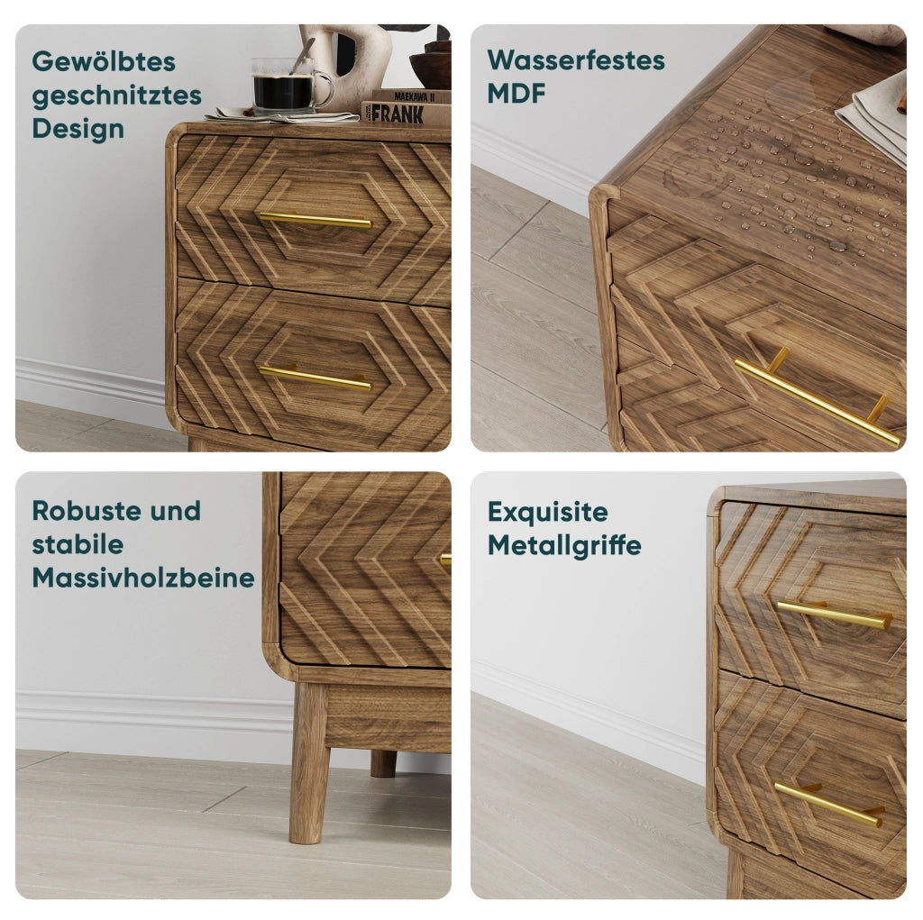 Comodino ULEVR con 2 cassetti, frontali geometrici in rilievo e gambe in legno, marrone noce