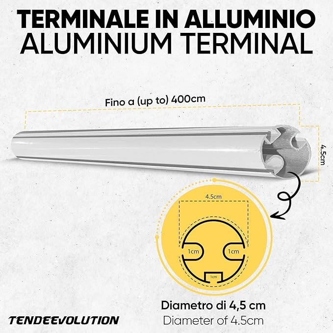 Profilo Terminale per Tenda da Sole a Caduta in Alluminio - Colore Bianco, Lunghezza 1 M - Completo di Tappi e Tasselli