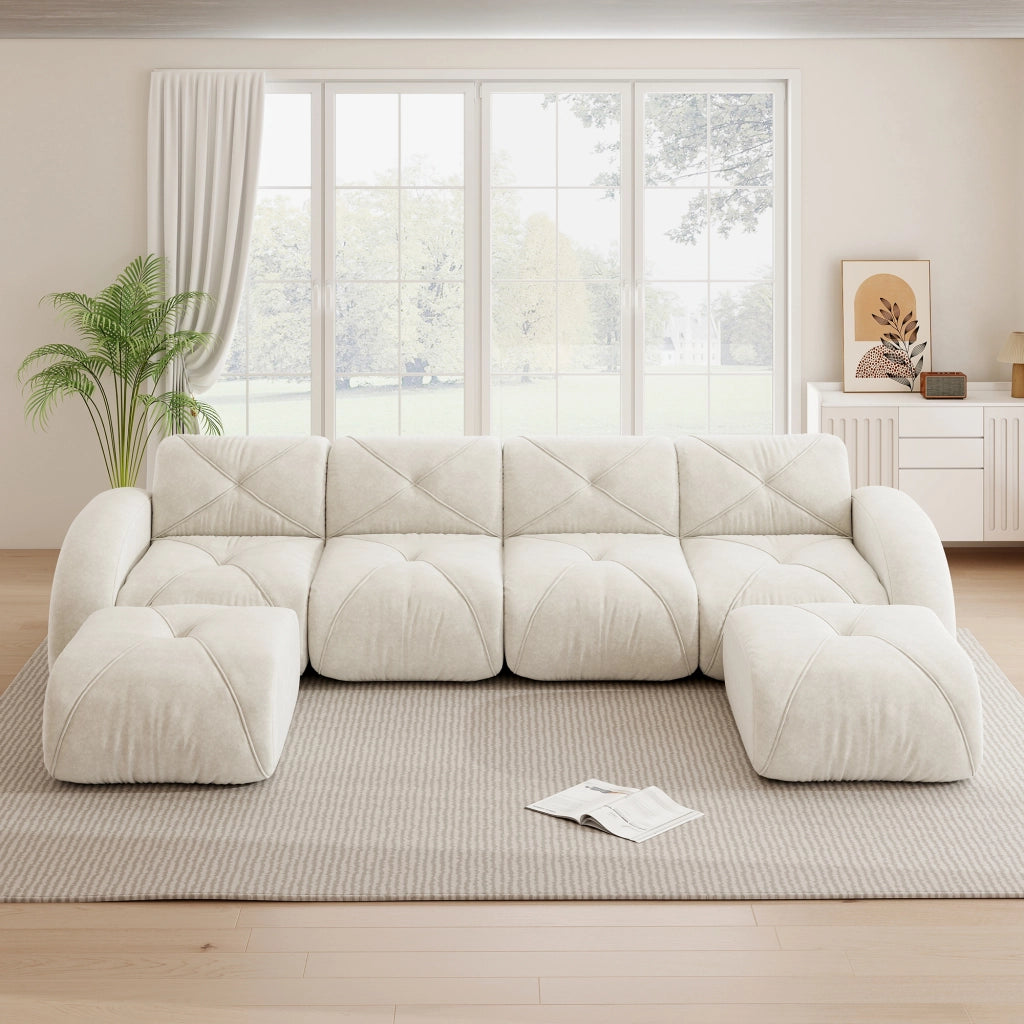 Divano modulare a U in ciniglia senza struttura con seduta morbida e design antiscivolo beige chiaro