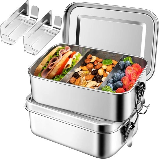 Lunchbox a doppio contenitore, 2-pack di bentobox in acciaio inossidabile per bambini e adulti, con distributore rimovibile, impermeabile e chiusura ermetica, 1400 ml + 1400 ml