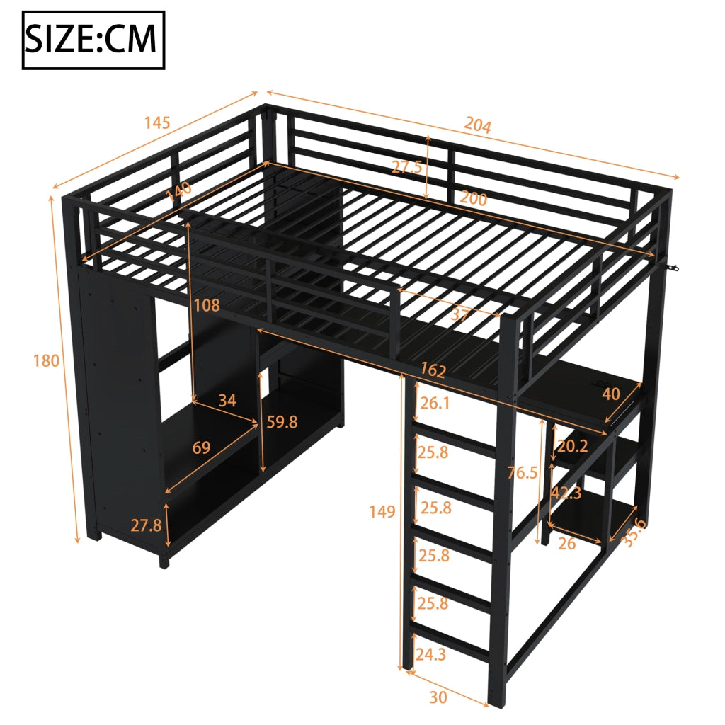 OKWISH Letto a Soppalco 140×200 cm, Letto Matrimoniale con LED Regolabile, USB e Tipo C, Scrivania e Armadio Aperto, senza Materasso, Nero