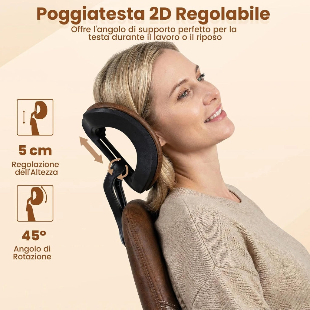 Sedia da Ufficio Ergonomica, Sedia da Scrivania in Tessuto di Lino con Poggiatesta 2D, Schienale Oscillante e Ruote, Poltrona da Lavoro Regolabile Girevole, Portata 150 kg (Marrone)