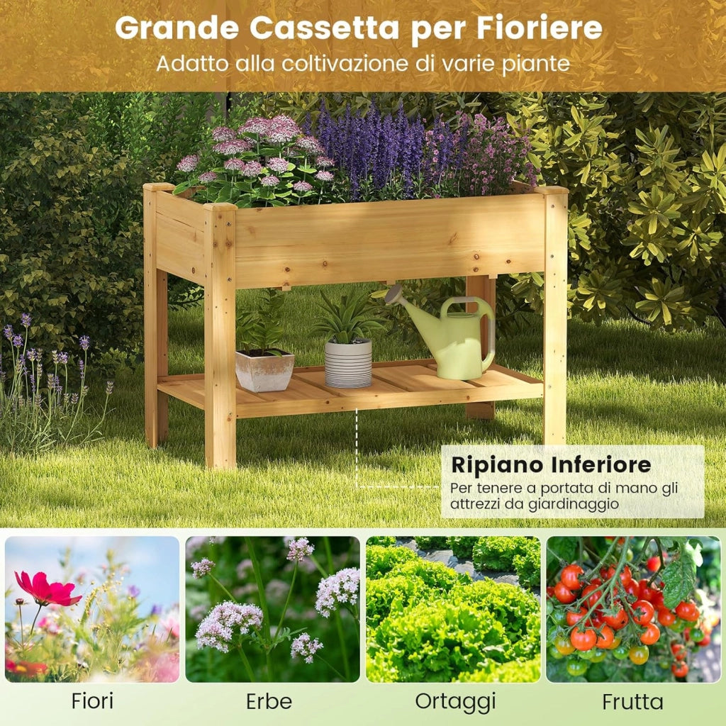 Letto per Orto Rialzato da Esterno in Legno di Abete, Fioriera Rialzata con Fori di Drenaggio e Ripiano Inferiore, Letto per Piante Urbano da Giardino e Patio, 120 x 60 x 82 cm (Naturale)