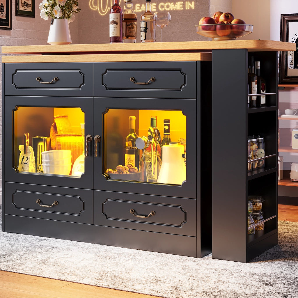 Tavolo Bar Estensibile con 4 Cassetti e Ripiano Laterale; LED e Piano Girevole; in MDF; 135-203x39x92;8 cm