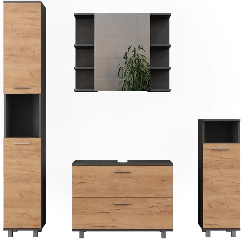 Set di mobili da bagno Ilias, Quercia dorata/antracite, 80.2 cm, composto da mobile lavabo, pensile a specchio, colonna e base media