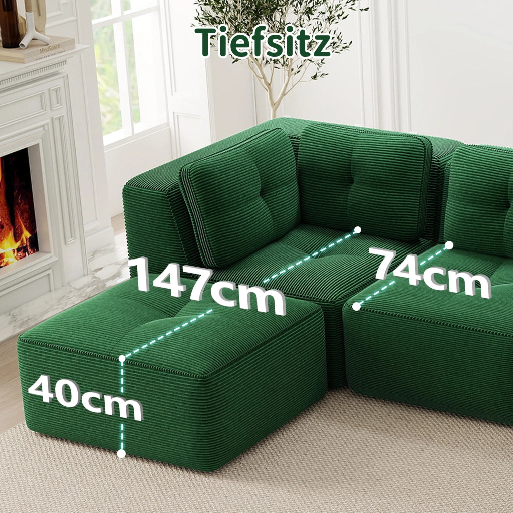 Divano Angolare Modulare con Penisola ¨C MINIMAL ¨C Velluto a Coste Verde, 3 Posti