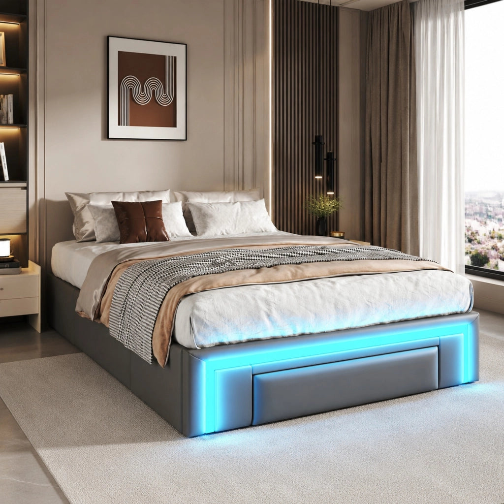 LETTO 90x200 cm in PU Grigio con cassetti e striscia LED, senza testiera