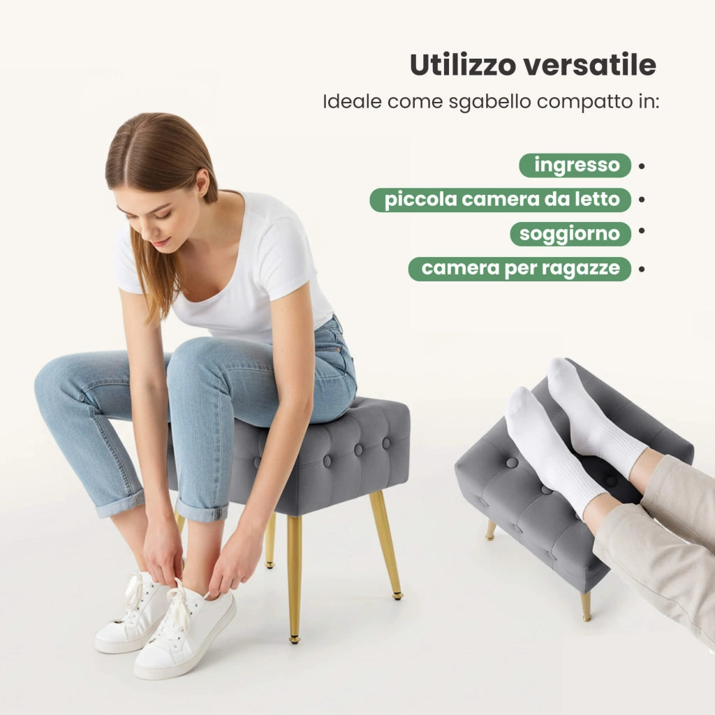 Pouf sgabello in velluto trapuntato 40 cm QUADRA Grigio Scuro