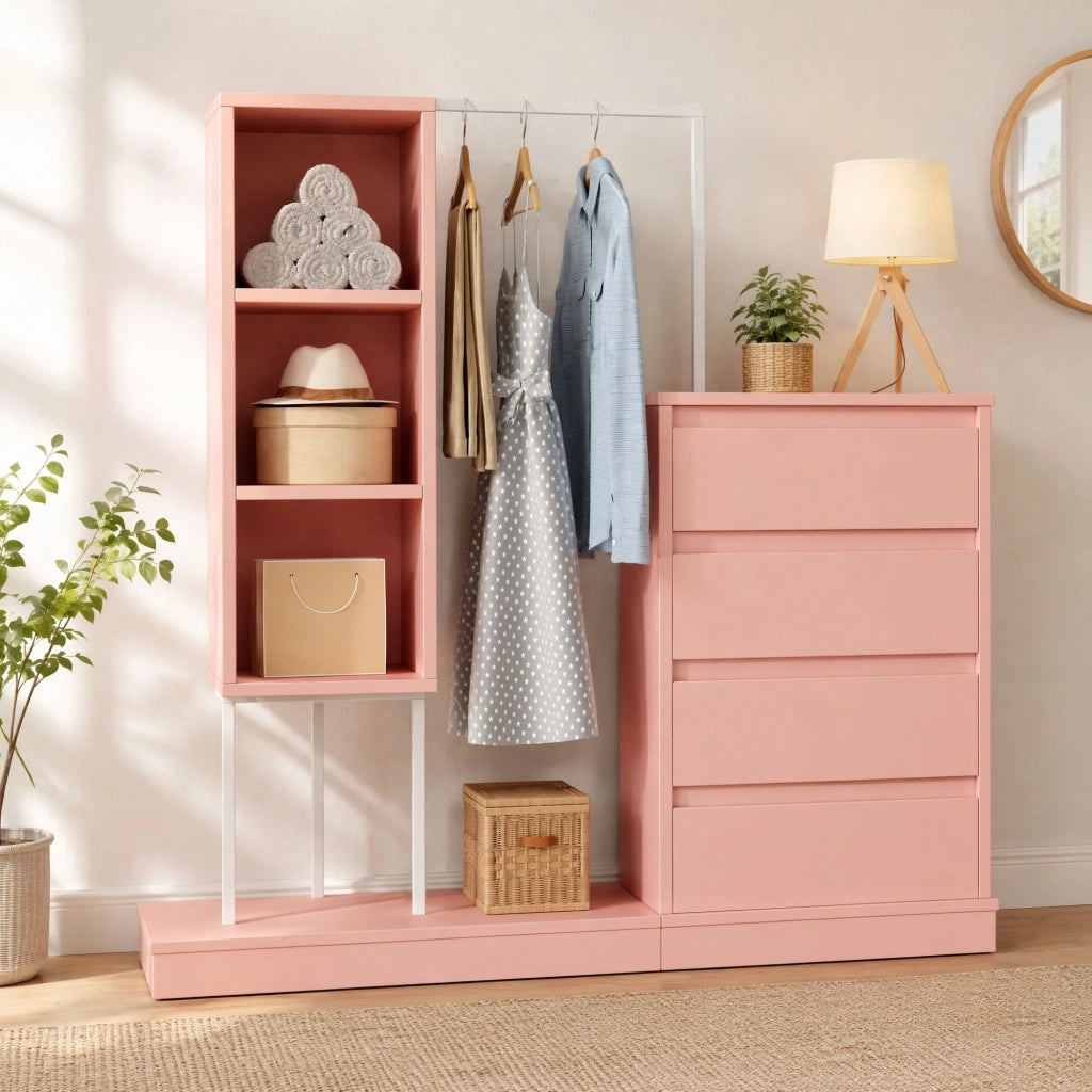 Scarpiera rosa e bianca con 4 cassetti, ripiani aperti e appendiabiti, 100x40x135 cm