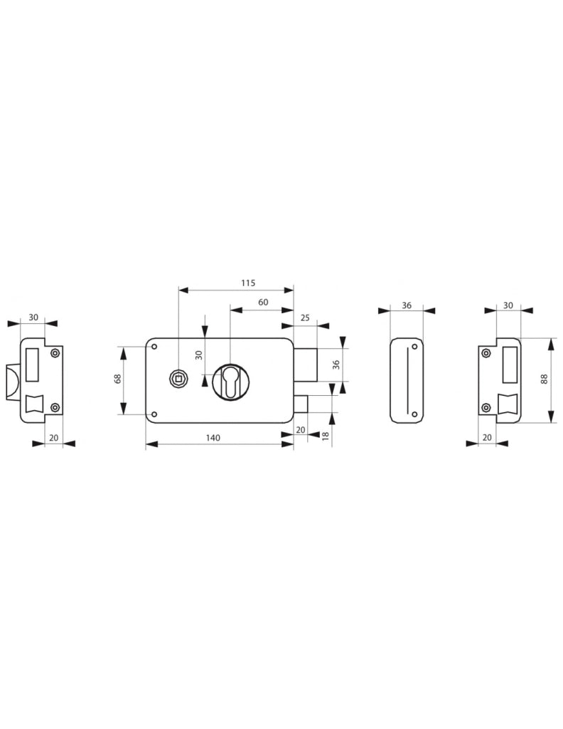 Cassa serratura CP con quadro maniglia 140 x 88 mm, destra, asse 60 mm – THIRARD