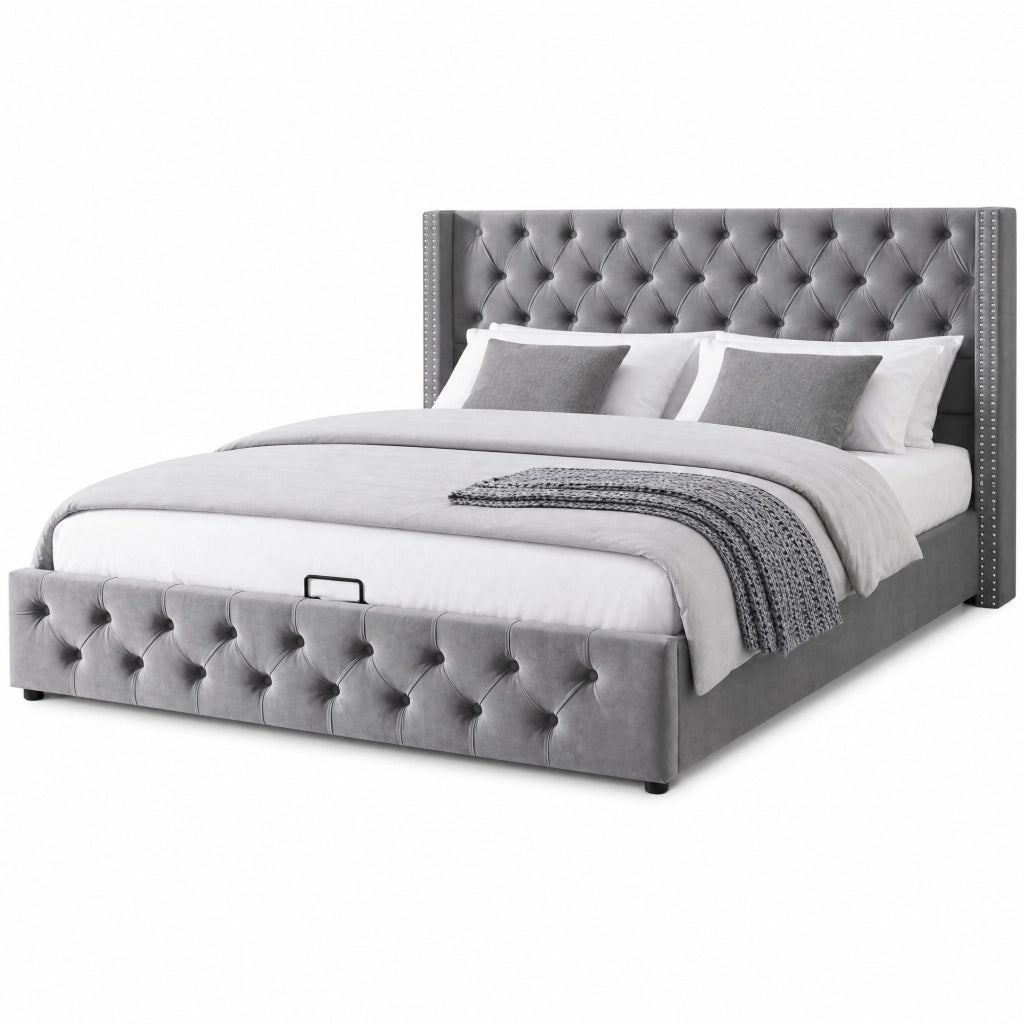 Letto matrimoniale 180x200 cm in velluto grigio stile Chesterfield con contenitore idraulico