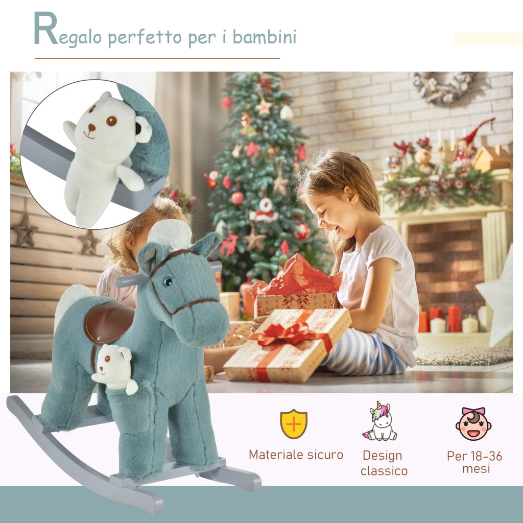 EasyComfort Cavallo a Dondolo per Bambini in Peluche e Legno con Suoni e Orsetto Incluso, per Bimbi da 18-36 Mesi, 65x26x55cm, Blu