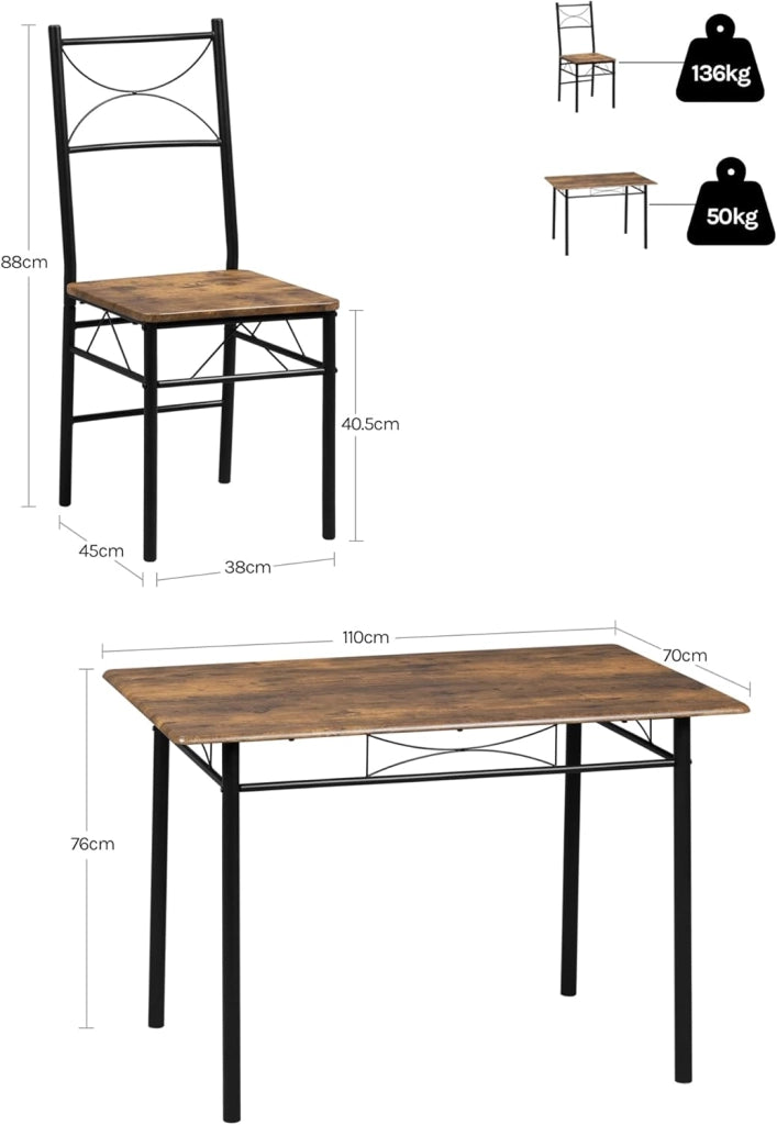 Set da Pranzo per 4 Persone, Tavolo Industriale con 4 Sedie, MDF e Struttura in Metallo, Facile da Montare e Pulire,Marrone Rustico + Nero
